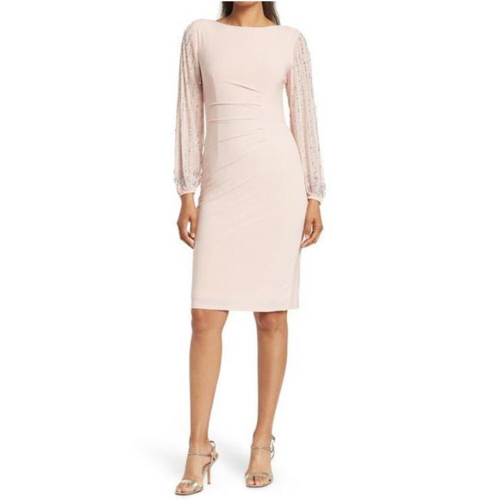 Marina Women's Pink Beaded Long Sleeve Sheath Dress in Size 10 NWT